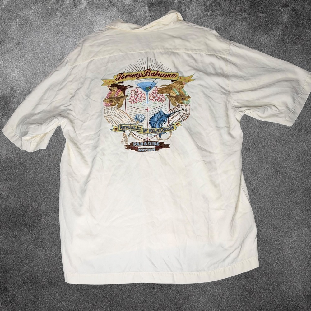Tommy Bahama Mens M Silk Hawaiian Shirt Embroidered Paradise Nation Camp Aloha